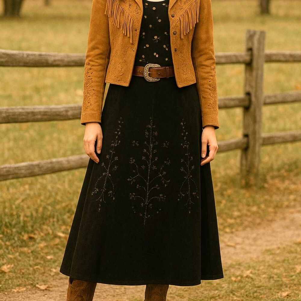 Black Faux Suede A-line Embroidered Beads Midi Skirt Sz 14W Western Bohemian